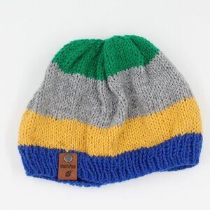 Handmade Hand Knit Wool Blend Multicolour Blue Yellow Grey Green Basic Beanie